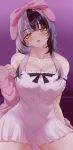  1girl absurdres alternate_costume animal_ears bare_shoulders black_hair blush bow breasts cardigan cleavage fake_animal_ears fangs grey_hair hair_bow heart heart-shaped_pupils highres hololive hololive_english karu_(karusenpai) large_breasts long_hair long_sleeves looking_at_viewer multicolored_hair naughty_face nightgown off_shoulder open_cardigan open_clothes open_mouth pink_bow pink_cardigan pink_nightgown puffy_long_sleeves puffy_sleeves rabbit_ears ribbon_trim shiori_novella skin_fangs sleepwear sleeves_past_wrists solo split-color_hair symbol-shaped_pupils two-tone_hair virtual_youtuber yellow_eyes 
