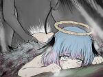  1boy 1girl all_fours arms_up ass black_souls black_souls_2 black_tail black_wings blood bloody_wings blue_eyes blue_hair blush broken_halo cum fake_halo feathered_wings furrowed_brow grey_background grey_wings hair_between_eyes hair_over_eyes halo heart lingeriena_(black_souls) looking_up on_floor open_mouth pink_hair sex sex_from_behind short_hair simple_background spoken_heart tail tearing_up tears torogao wings wrangelina yellow_halo 