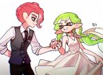  1boy 1girl black_necktie collared_shirt commentary dated dated_commentary dress eye_contact green_hair gucandiyi52092 holding_hands inkling inkling_girl inkling_player_character looking_at_another necktie octoling octoling_boy octoling_player_character red_eyes red_hair shirt smile splatoon_(series) splatoon_3 standing thick_eyebrows white_dress white_shirt yellow_eyes 