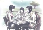  3girls artist_name belt bread bread_slice breasts chair child closed_eyes cowboy_bebop eating faye_valentine food highres itou_yoshiyuki jacket light_smile multiple_girls multiple_persona official_art purple_hair red_jacket scan short_hair sitting table third-party_source time_paradox tree 