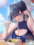  1girl beach blue_eyes blue_hair blue_one-piece_swimsuit blue_sky bowl breasts chain chain_headband chopsticks cleavage cleavage_cutout clothing_cutout cup day drinking_glass eating food hair_intakes halo hareteruya highres holding holding_chopsticks hololive hololive_english holonatsu_paradise ice ice_cube large_breasts long_hair looking_at_viewer mechanical_halo multicolored_hair noodles ocean official_alternate_costume official_alternate_hairstyle one-piece_swimsuit ouro_kronii ouro_kronii_(holonatsu_paradise) outdoors sky smile solo_focus sun swimsuit table virtual_youtuber 