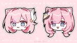  2girls :3 animal_ears blue_eyes cat_ears color_connection commentary company_connection cyrene_(honkai:_star_rail) elysia_(honkai_impact) elysia_(miss_pink_elf)_(honkai_impact) hair_color_connection hair_intakes hair_ornament head_only highres honkai:_star_rail honkai_(series) honkai_impact_3rd inoue_marina multiple_girls open_mouth pink_background simple_background symbol-only_commentary twitter_username veronika_hir0 voice_actor_connection yanning 
