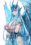  1girl :| arm_under_breasts blue_eyeshadow blue_hair bow_(bhp) breasts closed_mouth cowboy_shot dragon_girl dragon_wings expressionless eyeshadow glaring horns large_breasts long_hair looking_at_viewer makeup monster_girl monster_hunter monster_hunter:_world personification see-through_dress simple_background slit_pupils velkhana white_background wings yellow_eyes 