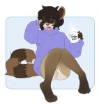  anthro bottomless clothed clothing coffee_mug cup eyes_closed female fur genitals hair hi_res holding_cup holding_object hybrid katibara mammal murid murine naomi_(mightypoohead) open_mouth procyonid pussy raccoon rat rodent simple_background solo sweater teeth text tongue topwear yawn 