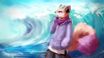  16:9 4k absurd_res anthro black_nose blue_eyes canid canine canis clothing hi_res hoodie male mammal solo topwear water widescreen wolf x1aoyaoya 