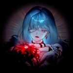  1girl bandage_over_one_eye bandaged_arm bandages bare_shoulders closed_mouth commentary earrings english_commentary grey_eyes grey_hair highres jewelry lemonteayuki lens_flare long_hair looking_at_viewer phrolova_(wuthering_waves) portrait red_spider_lily solo wuthering_waves 