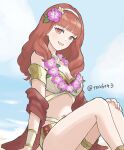  1girl bare_legs bikini blush breasts brown_bikini celica_(fire_emblem) celica_(summer)_(fire_emblem) cleavage criss-cross_halter fire_emblem fire_emblem_echoes:_shadows_of_valentia fire_emblem_heroes flower flower_hairband flower_necklace hair_flower hair_ornament hairband halterneck highres lei looking_at_viewer medium_breasts navel official_alternate_costume open_mouth orange_eyes orange_hair outdoors red_eyes red_hair red_sash red_shawl sash shawl sitting smile solo swimsuit tea6043 white_bikini 