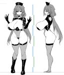  1girl azur_lane black_leotard black_shrug black_thighhighs breasts covered_navel curvy eyes_visible_through_hair greyscale groin hair_over_one_eye hands_up hat huge_breasts leotard long_hair looking_at_viewer mogador_(azur_lane) mogador_(olfactory_nursery_call)_(azur_lane) mole mole_on_breast monochrome multiple_views nurse_cap official_alternate_costume oohira_sunset see-through_clothes see-through_leotard shrug_(clothing) solo thighhighs 