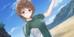  1girl arm_up beach blue_reflection_(series) blue_reflection_sun blue_sky breasts brown_eyes brown_hair closed_mouth cloud day dutch_angle emblem game_cg glasses green_shirt highres kishida_mel large_breasts looking_at_viewer mountain non-web_source official_art outdoors round_eyewear shirt short_sleeves sky smile solo takaoka_yukiko two-tone_shirt white_shirt 