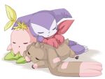  bandana bandana_around_neck brown_fur claws closed_eyes digimon digimon_(creature) gloves horns imp impmon lalamon leaf lopmon loyaldis no_humans pink_fur purple_fur red_bandana red_gloves simple_background sleeping two-tone_fur 