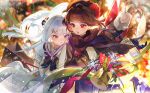  2girls :o artist_request bag bell beret blush bow brown_coat brown_hair brown_scarf christmas coat commentary diamond_hair_ornament english_commentary floating_clothes floating_hair flower gloves grey_hair grey_skirt hair_flower hair_ornament hat highres long_hair long_sleeves looking_at_another medium_hair multiple_girls open_mouth original paper_bag parted_lips pointing purple_bow purple_eyes red_eyes red_flower red_rose ribbed_sweater rose scarf second-party_source shirt skirt snowflakes sweater turtleneck turtleneck_sweater white_gloves white_shirt white_sweater winter_clothes 