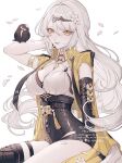  1girl ao_(ao0_0nemu) asymmetrical_gloves bird black_bird breasts elbow_gloves floating_hair gloves grey_hair high-waist_shorts highres jacket large_breasts long_hair looking_at_viewer mole mole_on_breast parted_lips shorts single_elbow_glove single_thighhigh sitting solo thighhighs uneven_gloves white_background wind wind_lift yellow_eyes yellow_jacket yin_yang_pin yixuan_(zenless_zone_zero) zenless_zone_zero 