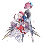  2girls arcaea beret black_bodysuit blue_flower blue_gemstone bodysuit bow bowtie carnation chain detached_wings dress flower frilled_dress frills full_body gem gold_chain hair_between_eyes hair_flower hair_ornament hat highres hikari_(arcaea) hikari_(fracture)_(arcaea) long_hair long_sleeves mechanical_wings multiple_girls nc_empire_(circle) non-web_source pink_carnation pink_flower pink_hair puffy_long_sleeves puffy_sleeves red_bow red_bowtie red_eyes red_hat shirt smile thigh_strap thighhighs transparent_background two-tone_bow vanessa_(cytus) white_dress white_hair white_shirt white_thighhighs wings 