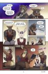  absurd_res anthro apron blake_(thepurp) bodily_fluids book butt canid canine canis cervine clothing comic cuffs_(clothing) deer dialogue dobermann domestic_dog finn_(thepurp) group hi_res hudson_(thepurp) lagomorph legwear leporid luca_(thepurp) male mammal muscular muscular_male nervous pinscher procyonid rabbit raccoon relieved sika_deer sitting speech_bubble stockings surprised sweat thepurp topwear vest 
