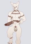  4_toes 5_fingers abs animal_genitalia anthro balls biceps big_nipples claws collarbone ear_tuft eldiman fingers front_view fur fur_tuft genitals gun hi_res holding_gun holding_object holding_weapon looking_at_viewer male mammal muscular muscular_male nipple_piercing nipples pecs penis penis_tip piercing ranged_weapon sheath toe_claws toes tuft weapon whiskers 