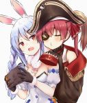  2girls ^3^ absurdres animal_ear_fluff animal_ears black_gloves bunny_ears coat eyebrows_visible_through_hair eyepatch fur-trimmed_gloves fur_trim gloves hands_on_another&#039;s_shoulders highres hikimayu hololive houshou_marine hug hug_from_behind huge_filesize light_blush long_hair multiple_girls nintendo_switch orange_eyes pikao pirate rabbit_girl simple_background sleeves_past_fingers sleeves_past_wrists twintails upper_body usada_pekora virtual_youtuber white_background yuri 