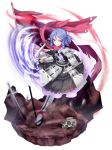  1girl armor armored_dress boots detached_arm disembodied_head drill_hair gauntlets gloves hair_ribbon hichou holding holding_sword holding_weapon infinite_blade_pavilion kabutozukamori_kikyou original purple_eyes purple_hair ribbon scarf short_hair skull smile solo sword touhou weapon 