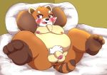  2020 ailurid anthro balls bed belly blush butt flaccid furniture genitals hi_res kemono kusosensei male mammal moobs nipples overweight overweight_anthro overweight_male penis pillow red_panda solo 