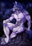 2025 4_toes 5_fingers abs anthro arm_on_leg arm_tuft biceps biped black_border black_lips blue_body blue_claws blue_fur blue_markings blue_nose blurred_background border broad_shoulders calf_muscles canid canine canis cheek_tuft chest_tuft claws cloud cool_colors crossed_feet crossed_paws crotch_tuft curled_fingers deltoids depth_of_field detailed detailed_fur digitigrade dipstick_fingers dipstick_toes elbow_tuft facial_tuft fangs featureless_crotch feet finger_claws fingers fluffy fluffy_tail forearm_muscles forest fur grey_markings grey_pawpads inner_ear_fluff lips male mammal markings multicolored_body multicolored_fur muscular muscular_anthro muscular_male navel neck_tuft night on_rock outside pawpads paws pecs plant purple_eyes quads relaxing rock shaded sitting sitting_on_rock sky smile snaggle_tooth snout solo sterlingkato tail teeth toe_claws toes tree tuft white_body white_fur wolf
