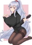  1girl absurdres azur_lane black_sweater breasts comb full_body graf_zeppelin_(azur_lane) hair_between_eyes hair_ornament heart highres huge_breasts long_hair looking_at_viewer pantyhose ponytail red_eyes ribbed_sweater silver_hair solo sweater thighband_pantyhose very_long_hair zukanosuke 