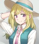  1girl aqua_vest collared_shirt copyright_request hand_on_headwear hat necktie niina_ryou open_clothes open_vest pink_eyes pink_neckwear polka_dot_neckwear shirt sleeves_pushed_up solo sun_hat vest white_shirt 