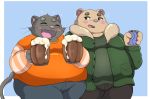  2020 anthro belly beverage black_body black_fur blush bottomwear canid canine canis clothing cute_fangs domestic_cat domestic_dog duo eyes_closed felid feline felis fur hi_res inigo_(kusosensei) kemono kusosensei male mammal obese overweight overweight_male pants rocky_(kusosensei) root_beer shirt soda topwear ursid 