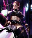  1girl abs absurdres ass bare_shoulders black_panties booger_wang breasts claws evelynn_(league_of_legends) hair_slicked_back highres huge_filesize idol k/da_(league_of_legends) k/da_evelynn league_of_legends lipstick makeup medium_breasts midriff miniskirt navel panties pantyshot purple_hair purple_legwear red_lips short_hair sitting skirt solo spread_legs straddling sunglasses thighhighs toned underwear upskirt 