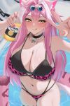  1girl :q alcohol animal_ear_fluff animal_ears beer beer_bottle bikini black_bikini black_choker bottle breasts choker cleavage closed_mouth corona_(brand) eyewear_on_head hands_up hashtag-only_commentary highres holding holding_bottle hololive hololive_english jewelry large_breasts leopard_print_bikini long_hair looking_at_viewer navel necklace pince-nez pink_hair raora_panthera smile solo stomach swimsuit tongue tongue_out virtual_youtuber water yellow_eyes yobi_(ybpac18) 