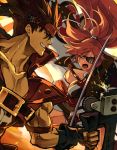  1boy 1girl amputee baiken big_hair black_gloves black_jacket black_kimono breasts brown_hair clenched_teeth commentary_request eyepatch facial_tattoo fighting fingerless_gloves gloves guilty_gear guilty_gear_xrd holding holding_sword holding_weapon jacket jacket_on_shoulders jako_(toyprn) japanese_clothes kataginu katana kimono large_breasts multicolored multicolored_clothes multicolored_kimono one-eyed open_clothes open_kimono open_mouth pink_hair ponytail red_eyes samurai scar scar_across_eye sol_badguy spiked_hair sword tattoo teeth weapon white_kimono 