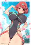  1girl ass_visible_through_thighs black_swimsuit blush breasts competition_swimsuit covered_nipples cowboy_shot day from_below hand_on_hip highres huge_breasts looking_at_viewer one-piece_swimsuit outdoors petals pyra_(pro_swimmer)_(xenoblade) pyra_(xenoblade) red_eyes red_hair short_hair solo swimsuit tiara virus-g xenoblade_chronicles_(series) xenoblade_chronicles_2 