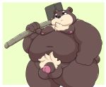  2020 anthro balls belly blue_eyes brown_body brown_fur flaccid fur genitals hi_res kemono kusosensei male mammal moobs nipples obese obese_anthro obese_male overweight overweight_anthro overweight_male penis pubes simple_background solo ursid weapon 