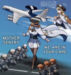  6+girls absurdres aircraft airplane black_gloves black_hat black_shoes black_thighhighs blonde_hair breasts brown_hair brown_pantyhose brown_shorts cape clone closed_eyes closed_mouth coat commentary dress drill_hair e-3_sentry emblem english_commentary english_text epaulettes f-16_fighting_falcon f-22_raptor f-22_raptor_(personification) f-35_lightning_ii f-35_lightning_ii_(personification) gloves goggles grey_cape grey_coat grey_dress grey_hair hat high_heels highres interlocked_fingers long_hair long_sleeves military_vehicle multiple_girls on_one_knee open_mouth original own_hands_together pandramodo pantyhose personification shoes shorts smile thighhighs twitter_username vehicle_and_personification very_long_hair 