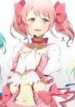  1girl bang_dream! bangs blush bow choker cosplay crossover dress_bow eyebrows_visible_through_hair gem gloves hair_bow hands_on_own_chest harusawa kaname_madoka kaname_madoka_(cosplay) magical_girl mahou_shoujo_madoka_magica maruyama_aya medium_hair open_mouth pink_bow pink_eyes pink_hair pink_neckwear pink_ribbon puffy_short_sleeves puffy_sleeves ribbon ribbon_choker short_sleeves short_twintails solo swept_bangs twintails upper_body white_background white_gloves 