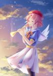  1girl beret black_legwear blue_eyes bow closed_eyes hat hichou highres instrument janet_arc&#039;angelo kneehighs original pink_hair school_uniform serafuku short_hair solo the_last_comer touhou trumpet wings 