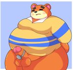  2020 animal_crossing anthro balls blush clothing erection genitals hi_res kemono kusosensei male mammal nintendo obese obese_anthro obese_male overweight overweight_anthro overweight_male penis sex_toy shirt solo teddy_(animal_crossing) topwear ursid video_games 