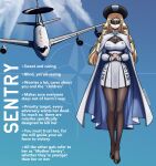  1girl absurdres aircraft airplane black_hat black_shoes blonde_hair breasts brown_pantyhose cape closed_mouth commentary dress drill_hair e-3_sentry emblem english_commentary english_text epaulettes facing_viewer goggles grey_cape grey_dress hat highres interlocked_fingers long_hair long_sleeves military_vehicle original own_hands_together pandramodo pantyhose personification shoes solo vehicle_and_personification very_long_hair 
