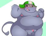  2020 animal_crossing anthro balls big_top_(animal_crossing) blush elephant elephantid genitals hi_res kemono kusosensei male mammal moobs navel nintendo nipples overweight overweight_anthro overweight_male penis proboscidean small_penis solo video_games visor 