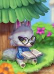  animal_crossing anthro book bottomless canid canine canis clothed clothing day eyewear fang_(animal_crossing) flower fur glasses grass grey_body grey_fur male mammal nintendo paws plant silverfox5213 sitting smile solo sweater text topwear tree url video_games wolf 
