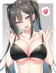  1girl bangs bare_shoulders blush borrowed_character breasts bright_pupils character_request cleavage collarbone hair_between_eyes heart large_breasts open_mouth original purple_eyes sharp_teeth spoken_heart strap_pull swimsuit teeth tongue tongue_out twintails upper_body wasami_(a27678193a) 