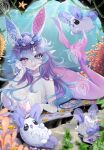  1girl absurdres alfyria animal breasts cleavage closed_mouth cottontail_(vtuber) diamond-shaped_pupils diamond_(shape) gradient_hair grey_hair hair_between_eyes hair_ornament heterochromia highres indie_virtual_youtuber jewelry large_breasts mermaid monster_girl multicolored_hair necklace pearl_necklace pointy_ears purple_hair shadow shell_hair_ornament star_(symbol) star_hair_ornament symbol-shaped_pupils underwater watermark 