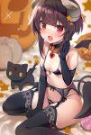  1girl bangs bare_shoulders bat_wings black_bra black_cat black_gloves black_legwear black_panties blurry blurry_background blush bow bra breasts candy cat chomusuke commentary_request demon_girl demon_horns demon_tail demon_wings depth_of_field elbow_gloves fangs flat_chest food foot_out_of_frame frilled_gloves frilled_legwear frills garter_belt gloves hair_ornament heart highres horns jewelry kono_subarashii_sekai_ni_shukufuku_wo! looking_at_viewer megumin micro_bra open_mouth osa_(osaosa) panties pendant print_legwear pumpkin red_eyes short_hair short_wings sidelocks sitting small_breasts solo sparkle sparkle_background star_(symbol) star_hair_ornament succubus tail thighhighs underwear upper_teeth wariza wings 