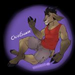  1:1 anthro bottomwear bovid brown_hair caprine clothed clothing cloven_hooves fingers fully_clothed gesture goat hair hi_res hooved_fingers hooves horn looking_at_viewer male mammal muscular muscular_anthro muscular_male petplayer976 shirt shorts sitting smile solo tank_top topwear waving 