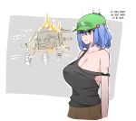  1girl bangs blue_eyes blue_hair breasts brown_pants english_text fire flat_cap green_headwear hair_bobbles hair_ornament hat highres kappa kawashiro_nitori large_breasts machine mata_(matasoup) medium_hair pants people short_twintails sidelocks sketch strap_slip tank_top torn_clothes touhou twintails two_side_up white_background 