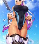  1girl black_legwear blush bracelet breasts collar dark_skin dark_skinned_female eyebrows_visible_through_hair green_eyes hair_between_eyes highleg highleg_swimsuit impossible_clothes impossible_swimsuit jewelry large_breasts long_hair multicolored_hair nidy one-piece_swimsuit original purple_hair skin_tight sky solo swimsuit tongue tongue_out two-tone_hair wet white_hair 