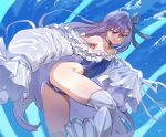  1girl :q bare_shoulders black_choker blue_swimsuit bow_(bhp) choker fate/grand_order fate_(series) highleg highleg_swimsuit long_hair looking_at_viewer meltryllis meltryllis_(swimsuit_lancer)_(fate) off_shoulder one-piece_swimsuit purple_hair smile solo swimsuit thighhighs tongue tongue_out white_legwear 