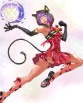  1girl absurdres animal_ears bangs bare_shoulders blunt_bangs bob_cut cross-laced_footwear dark_skin elbow_gloves gloves green_eyes highres kyuuakaku menat panties pantyshot paws purple_hair short_hair simple_background street_fighter street_fighter_v tail underwear white_background 