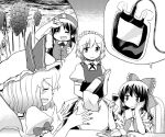  4girls :d alcohol apron ascot blood blood_bag blush bottle bow closed_mouth collared_shirt cup dot_nose drinking_glass fingernails food fruit glass grapes greyscale hair_tubes hakurei_reimu hat hat_bow holding holding_bottle holding_cup hong_meiling hota izayoi_sakuya long_fingernails medium_hair monochrome multiple_girls open_mouth remilia_scarlet shirt side_braids sideways_mouth sitting smile sweat table thought_bubble touhou vest waist_apron wine wing_collar wiping_forehead 