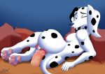  101_dalmatian_street 101_dalmatians absurd_res anal anal_penetration animal_genitalia animal_pussy anthro anus bed bodily_fluids breasts butt canid canine canine_pussy canis dalmatian delilah_(101_dalmatians) disney domestic_dog female frommarstomercury furniture genital_fluids genitals hi_res lying mammal mature_female nipples nude on_side one_eye_closed pawpads penetration pillow pussy solo 
