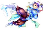  1girl absurdres bracelet breasts brown_eyes brown_hair bun_cover china_dress chinese_clothes chun-li chun-li_(cosplay) cosplay double_bun dress highres jewelry judge_(oekaki) large_breasts pantyhose pelvic_curtain solo spiked_bracelet spikes thick_thighs thighs 