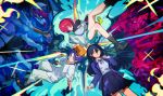  1boy 2girls absurdres amate_yuzuriha aqua_skirt black_boots black_gloves black_hair black_shoes blue_hair blue_jacket boots cellphone chromatic_aberration closed_mouth collared_shirt commentary dooduck gloves gquuuuuux grey_socks gundam gundam_gquuuuuux hair_between_eyes hashtag-only_commentary highres jacket looking_at_viewer mecha miniskirt mobile_suit multiple_girls nyaan_(gundam_gquuuuuux) open_clothes open_jacket pants phone pleated_skirt red_eyes red_gundam red_hair robot shirt shirt_tucked_in shoes shuji_ito skirt socks watermark weibo_watermark white_pants white_shirt yellow_eyes 
